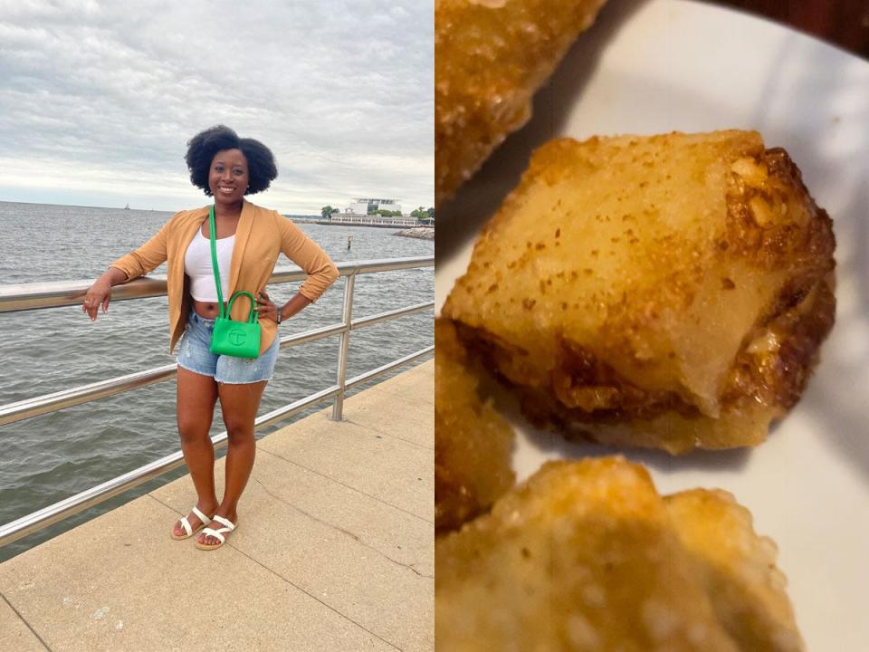 Ashley Nealy in wisconin, in front of water left, cheese curd right