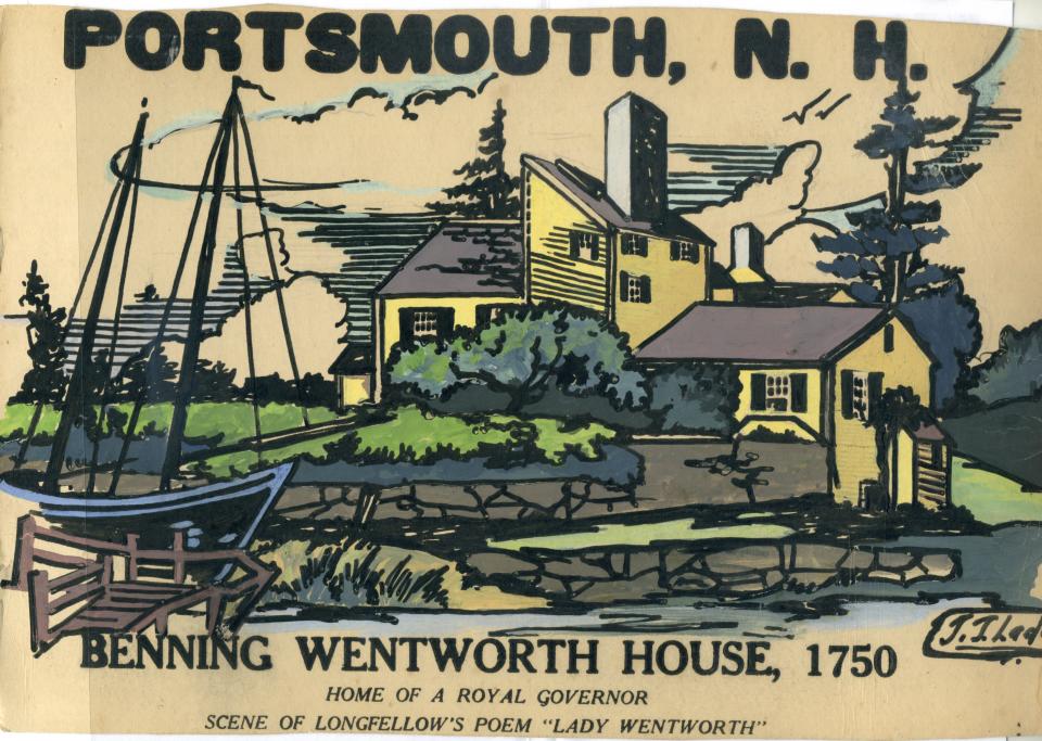 Gov. Benning Wentworth's home on Little Harbor in Portsmouth is known as the Wentworth-Coolidge Mansion. The royal governor (1696-1770) scandalized the community when at 64 he wed his 23-year-old housekeeper, a marriage memorialized a century later in a poem by Henry Wadsworth Longfellow. This hand-colored poster of the house is by Portsmouth illustrator John T. Ladd (1912-1974).