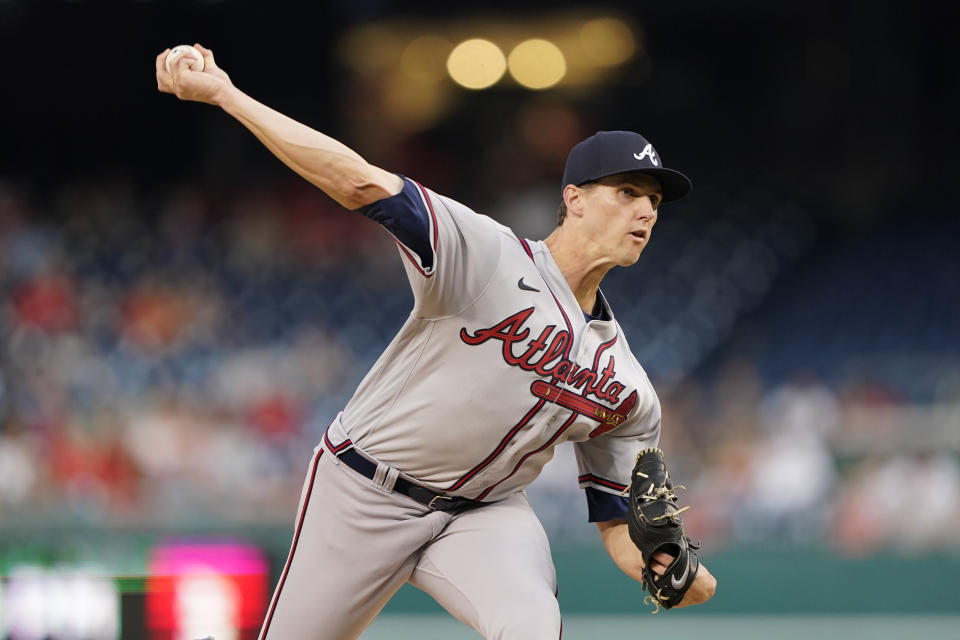 Atlanta Braves starting pitcher Kyle Wright throws to the Washington Nationals in the first inning of a baseball game, Thursday, July 14, 2022, in Washington. (AP Photo/Patrick Semansky)