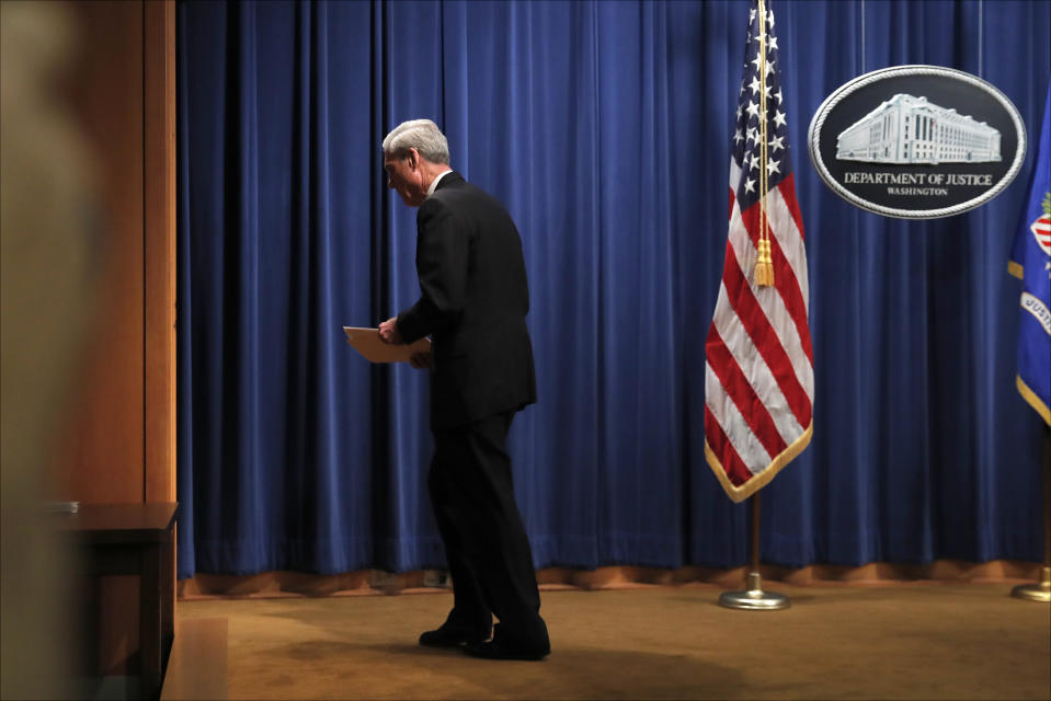 Special counsel Robert Mueller leaves the podium after speaking at the Department of Justice Wednesday, May 29, 2019, in Washington, about the Russia investigation. (AP Photo/Carolyn Kaster)