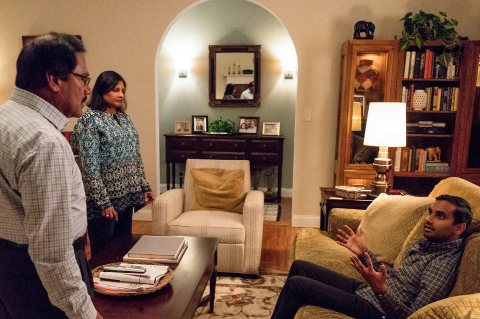 Shoukath Ansari as Ramesh, Fatima Ansari as Nisha, and Aziz Ansari as Dev in Netflix’s ‘Master of None’ (Photo: Netflix)