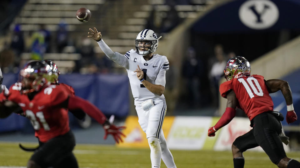 BYU quarterback Zach Wilson (1) throws a pass against Western Kentucky during the first half of an NCAA college football game Saturday, Oct. 31, 2020, in Provo, Utah. (AP Photo/Rick Bowmer, Pool)