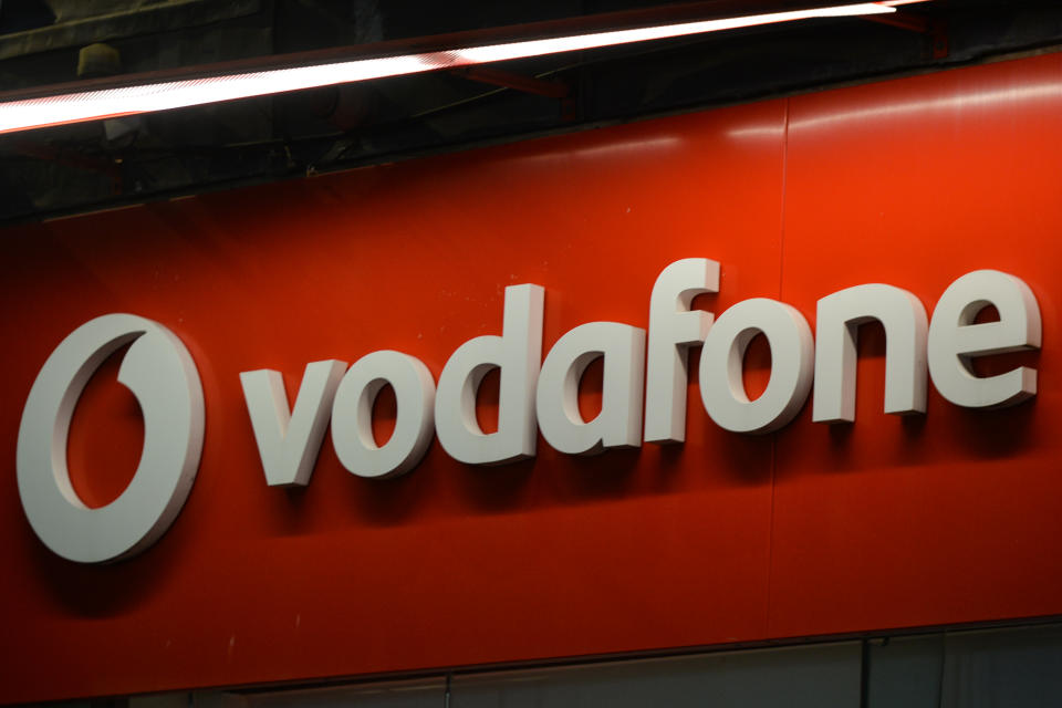 A logo of Vodafone, seen in the center of Dublin. On Saturday, November 14, 2020, in Dublin, Ireland. (Photo by Artur Widak/NurPhoto via Getty Images)