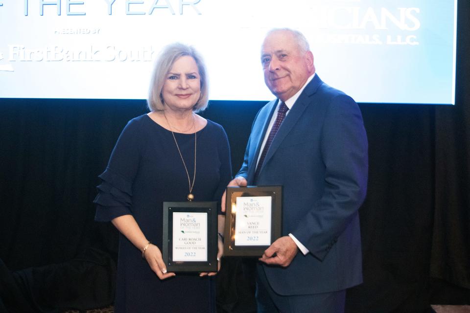 Cari Roach Good and Vance Reed are honored for being the 2022 AGN Woman and Man of the Year during a luncheon held Wednesday at the Amarillo Civic Center.