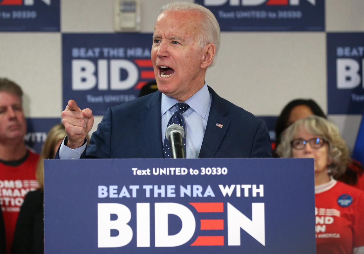 <p>Democratic presidential candidate former Vice President Joe Biden speaks about his plan to curb gun violence in February 2020.</p> (Getty Images)