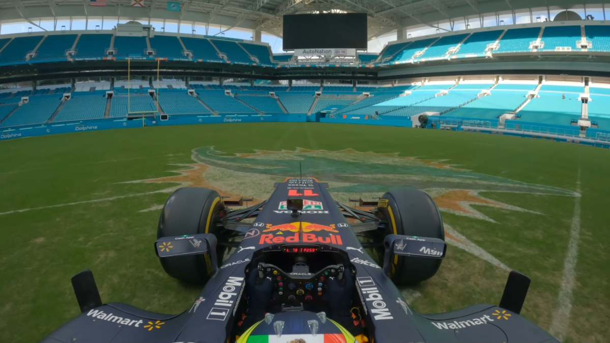 F1 driver Sergio Pérez drives through NYC and Miami streets in F1 car