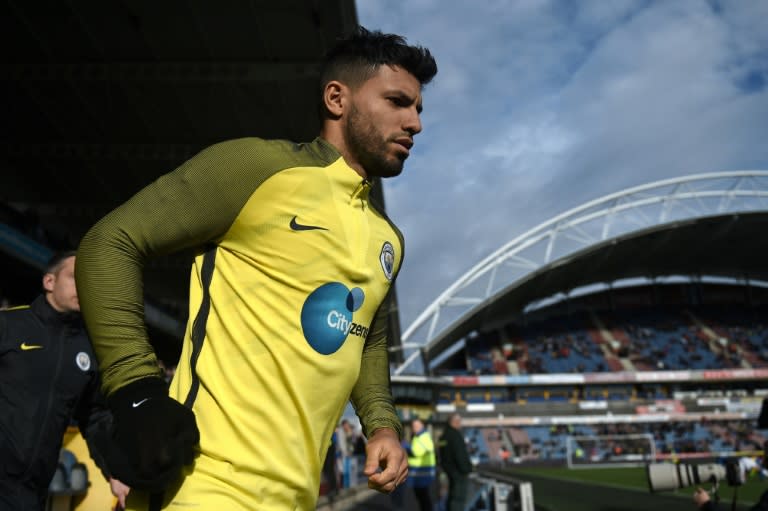 Sergio Aguero warms up ahead of Manchester City's FA Cup game against Huddersfield Town at the John Smith stadium on February 18, 2017