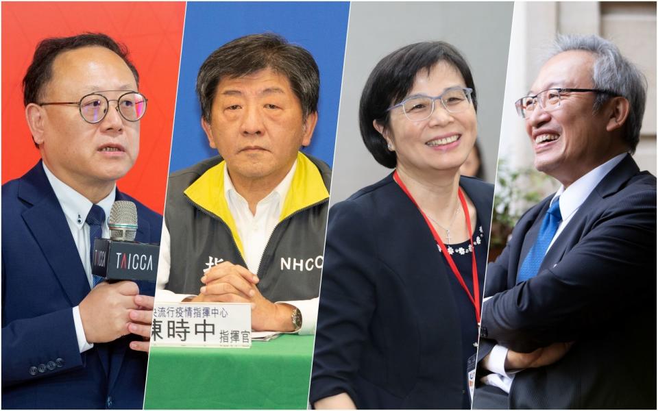 史哲（左起）、陳時中、楊珍妮將出任行政院政務委員，駐法代表吳志中出任外交部政次。