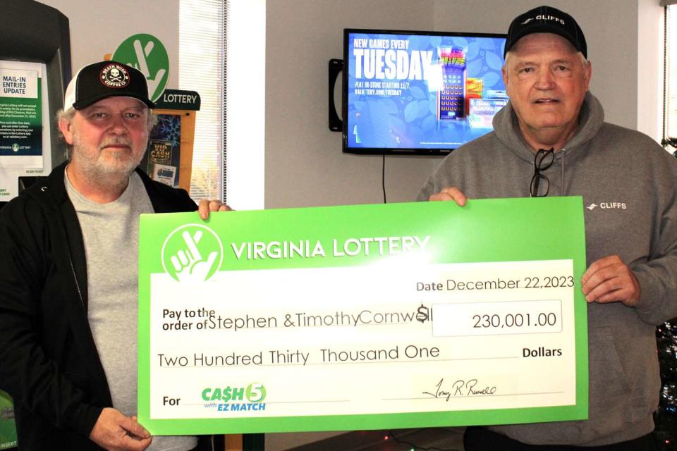 <p>Virginia Lottery</p> Tim and Steve Cornwell of Tazewell County in Virginia split a $230,000 lottery prize after Tim bought the winning ticket