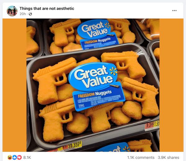 A picture purportedly showed Walmart was selling chicken nuggets in the shape of small pistols or guns named Great Value Freedom Nuggets.