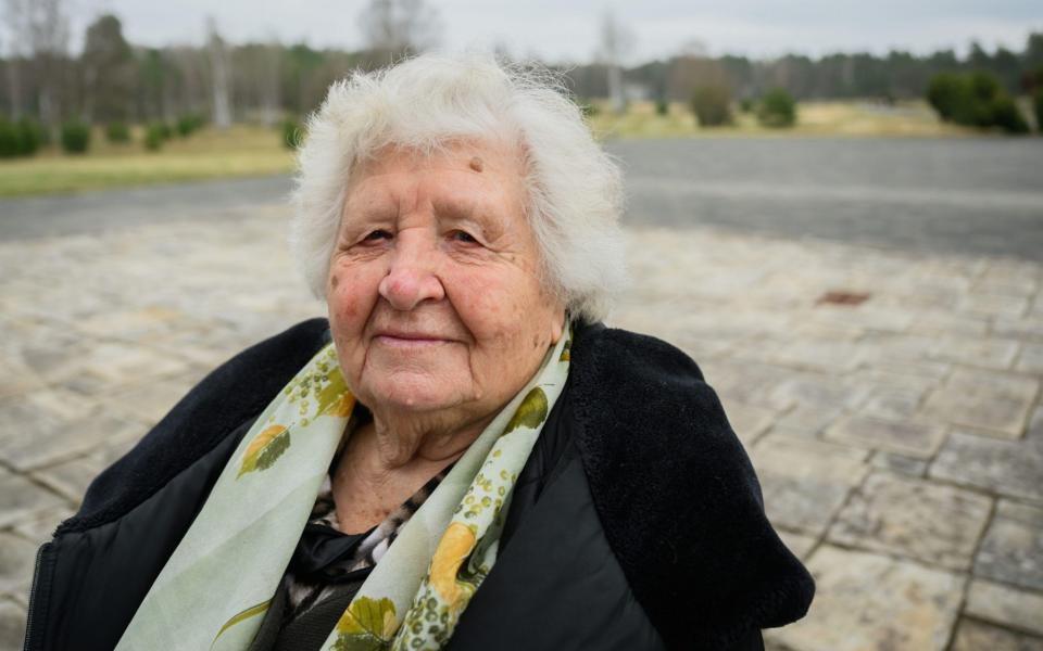 Anastasia Gulej from Kyiv visits the Bergen-Belsen concentration camp memorial. The survivor of the camps Auschwitz, Buchenwald and Bergen-Belsen had to flee from Ukraine to Germany because of the war. - Julian Stratenschulte/Alamy Live News