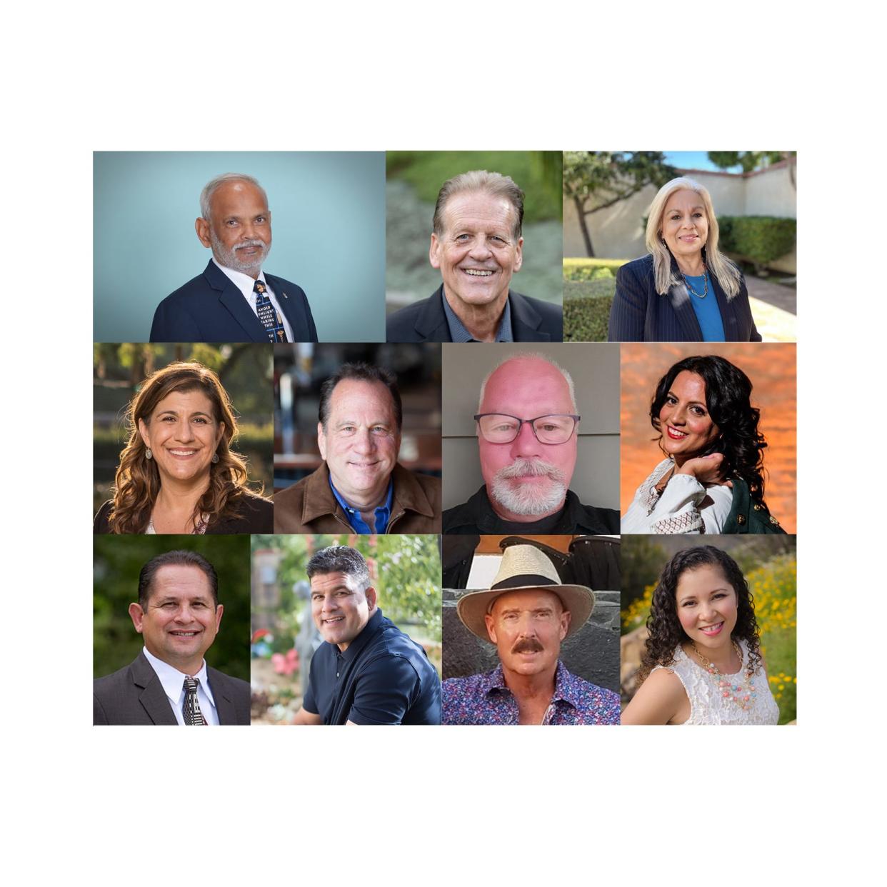 Candidates for Camarillo City Council, from top left, include Vishnu Patel, David Tennessen, Sylvia Schnopp in District 1, Susan Santangelo, Jeff Walker, Dirk Lay and Sylvia Garcia in District 2 and Bill Camarillo, Charles Sandlin, Tim Sprinkles and Martha Martinez-Bravo in District 5.