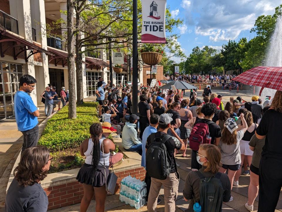 About 300 demonstrators gathered to express solidarity with Palestine in the University of Alabama's Student Center plaza Wednesday afternoon.