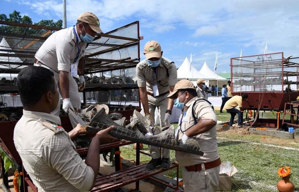 <div class="paragraphs"><p>Police arrange rhino horns on the furnace</p></div>