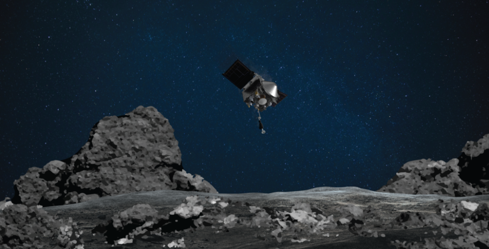 A rendering depicts NASA’s OSIRIS-REx mission readying itself to touch the surface of asteroid Bennu.
