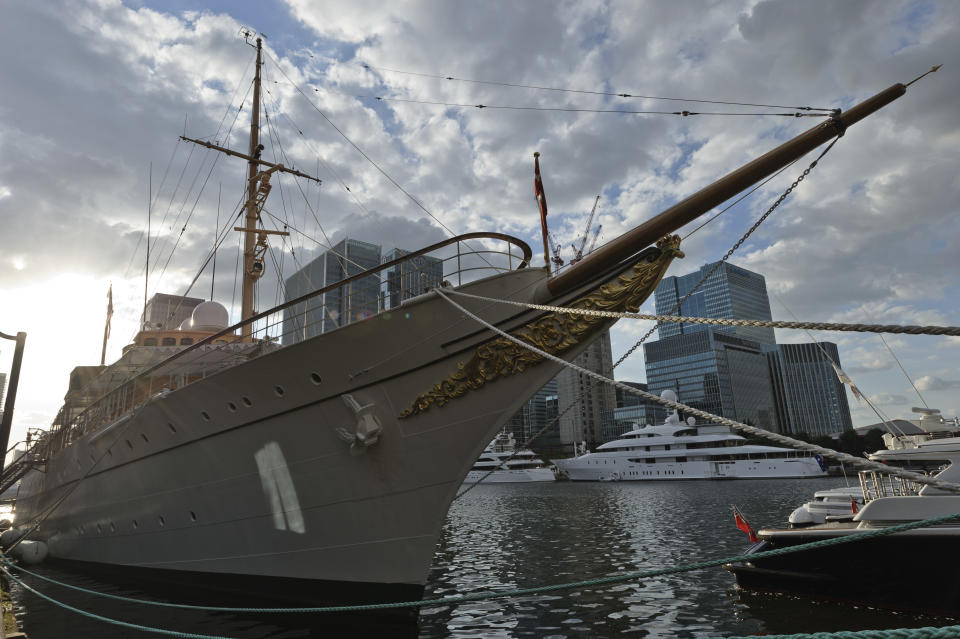 LONDON, ENGLAND - JULY 28:  The Danish Royal Yacht Dannenbrog is pictured moored at West India Dock  for a reception for businesses on the at Canary Wharf on July 28, 2012 in London, England.  (Photo by Martin McNeil/Getty Images)