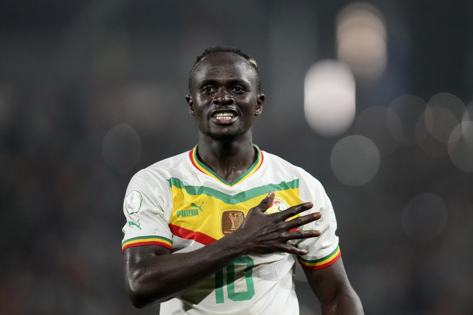 Senegal's Sadio Mane celebrate after scoring his side's third goal during the African Cup of Nations Group C soccer match between Senegal and Cameroon, at the Charles Konan Banny stadium in Yamoussoukro, Ivory Coast, Friday, Jan. 19, 2024. (AP Photo/Sunday Alamba)
