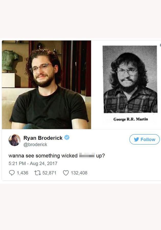 Game of Thrones fans are worked up after a Twitter post showed a comparison between GOT author and Kit Harrington. Source: Twitter