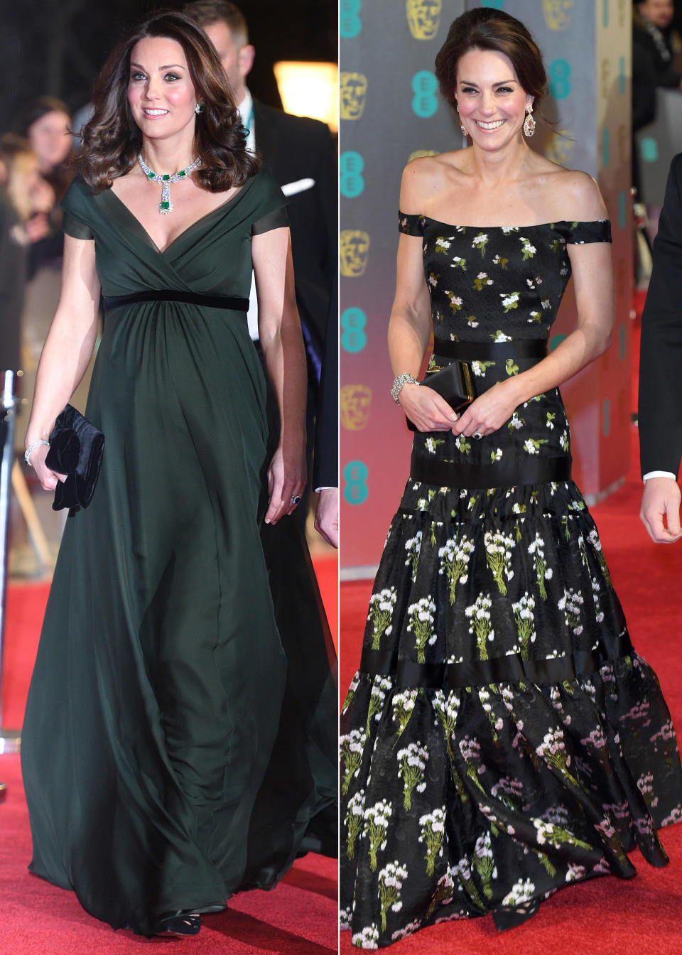 Pregnant Kate wore green to the event last year (left), while in 2017 she went for a patterned design (right). Photo: Getty