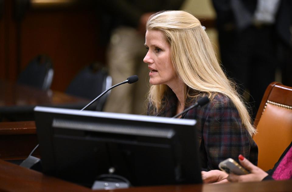 Marci Campbell, associate instructor at the University of Utah, speaks in favor of HB261 as Senate members of the Education Standing Committee hear comments at the Capitol in Salt Lake City on Monday, Jan. 22, 2024. The bill received a favorable recommendation. | Scott G Winterton, Deseret News