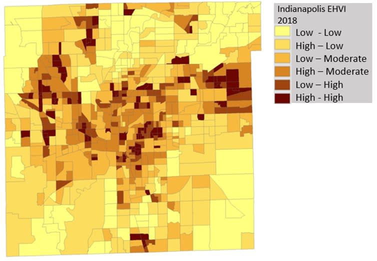 <div class="inline-image__caption"><p>Areas that are more likely to experience heat-related illnesses and deaths. Darker browns indicate elevated risk. This index uses Landsat data to measure differences in surface temperature throughout the city, with socioeconomic indicators painting a highly accurate picture of community-level extreme heat health risk.</p></div> <div class="inline-image__credit">Daniel P. Johnson</div>