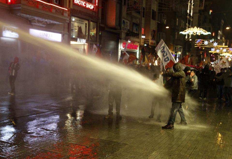 Riot police use water cannons to disperse demonstrators during a protest against internet censorship in Istanbul