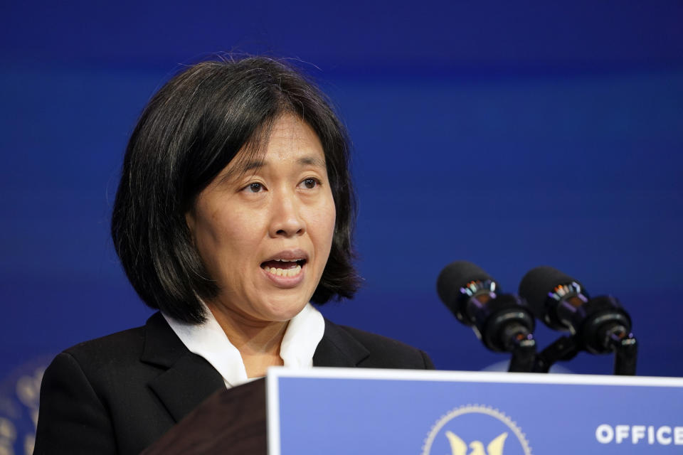 Katherine Tai, the Biden administration's choice to take over as the U.S. trade representative, speaks during an event at The Queen theater in Wilmington, Del., Friday, Dec. 11, 2020. (AP Photo/Susan Walsh)