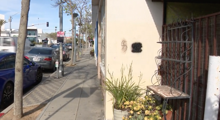 A swastika is seen drawn on the outside of a building in Santa Monica on April 7, 2024. (KTLA)