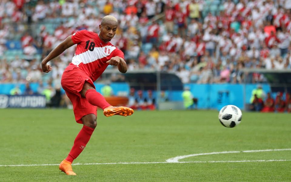 <p>On its way: Andre Carillo strikes the ball sweetly to put Peru 1-0 up in the first half </p>