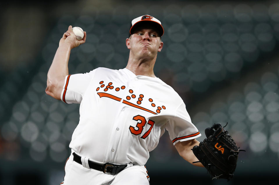 The Baltimore Orioles wore jerseys with Braille lettering on Tuesday night, becoming the first professional sports team to do so. (AP Photo/Patrick Semansky)