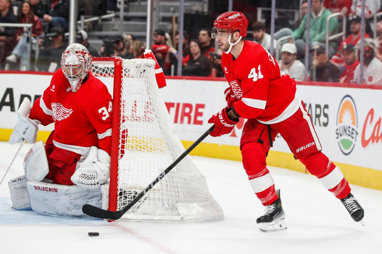 Detroit Red Wings defenseman Shayne Gostisbehere (41) looks to pass against Montreal Canadiens during the second period at Little Caesars Arena in Detroit on Monday, April 15, 2024.