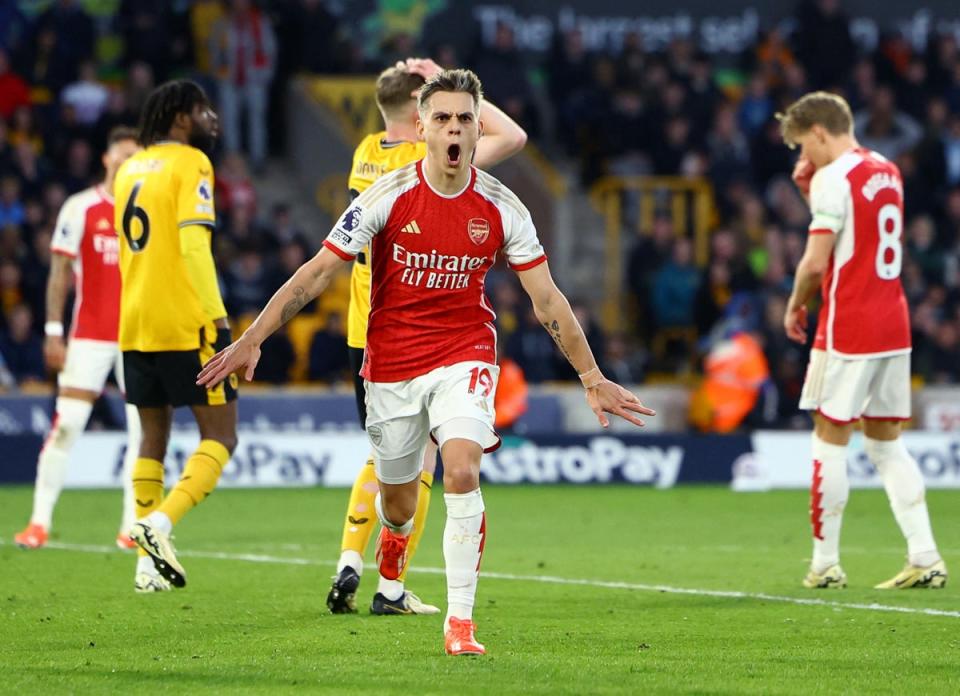 Lucky goal: Leandro Trossard sliced in for Arsenal on the stroke of half-time in a crucial victory at Molineux (REUTERS)