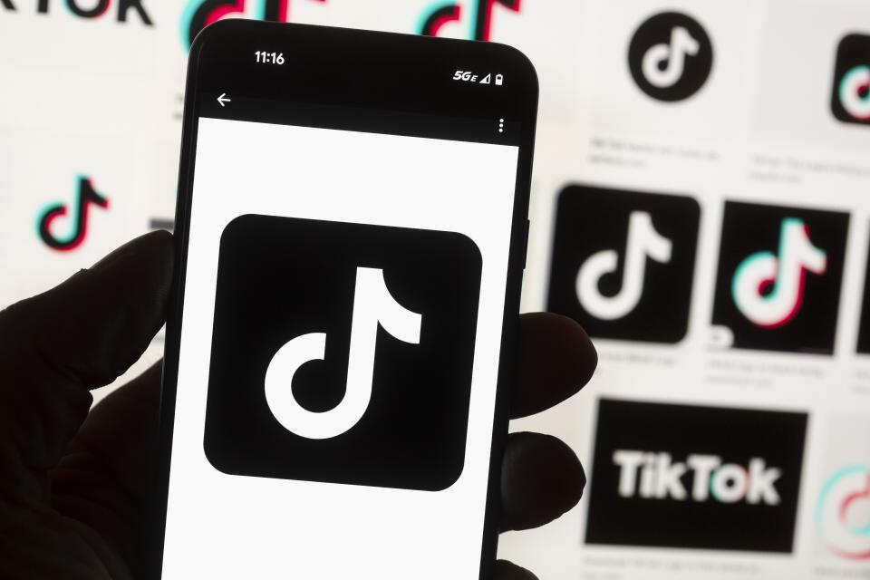 FILE - The TikTok logo is seen on a cell phone on Oct. 14, 2022, in Boston. Wisconsin's Republican representatives in Congress on Tuesday, Dec. 6, called on Democratic Gov. Tony Evers to delete the video platform TikTok from all state government devices, including his own, calling it a national security threat. (AP Photo/Michael Dwyer, File)
