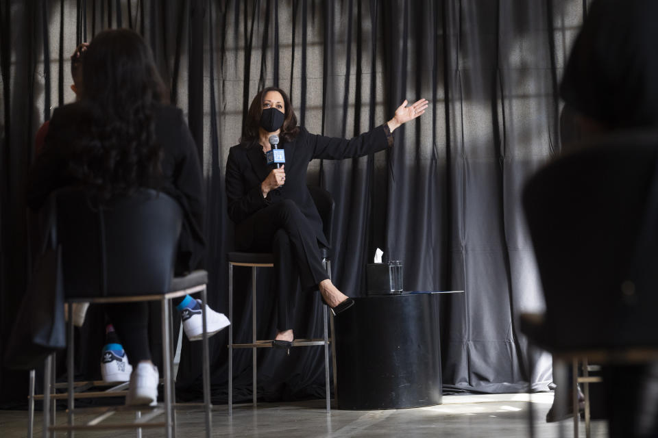 Democratic vice presidential candidate Sen. Kamala Harris, D-Calif., speaks to HBCU students during a campaign event, Friday, Oct. 23, 2020, in Atlanta. (AP Photo/John Amis)