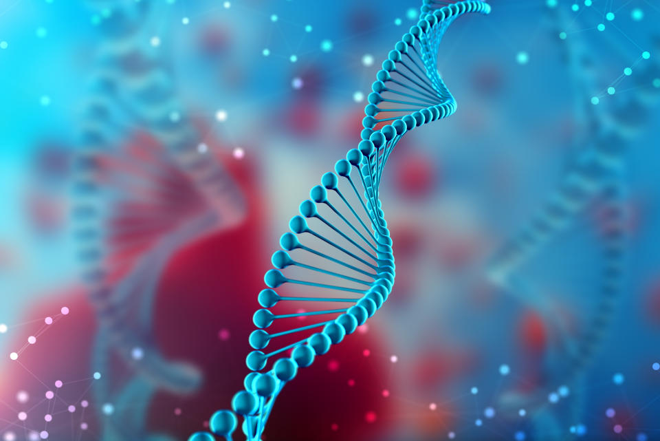 3d Illustration of DNA molecule. The helical molecule of a nucleotide in the environment of the organism like in space. The concept genome and modification of the body