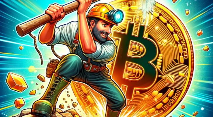 A cartoon image of a miner with a hard hat and pickaxe, hitting a bitcoin with the pickaxe and breaking it in half, to represent the bitcoin halving