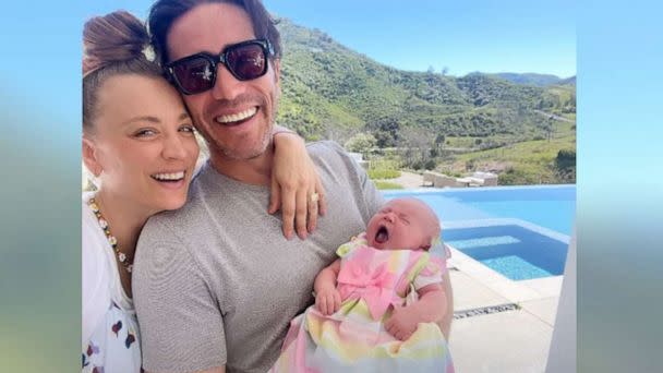 PHOTO: Kaley Cuoco and Tom Pelphrey pose with their daughter Matilda in a photo shared to Cuoco's Instagram story on April 9, 2023. (@kaleycuoco/Instagram)