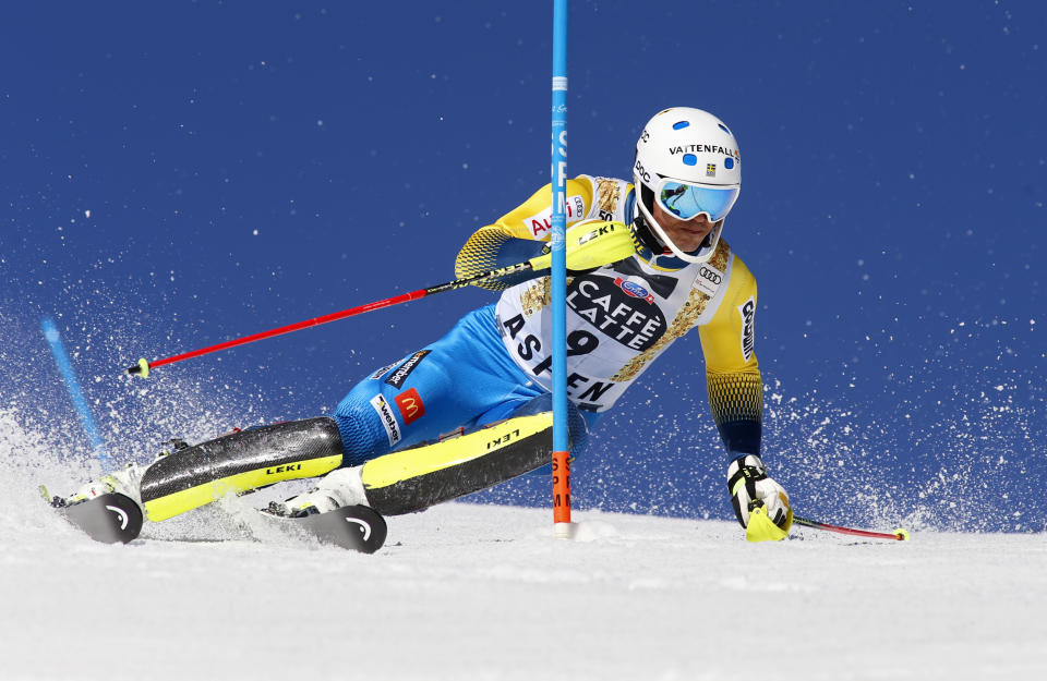 Sweden's Andre Myhrer skis during the first run of a men's World Cup slalom ski race Sunday, March 19, 2017, in Aspen, Colo. (AP Photo/Nathan Bilow)