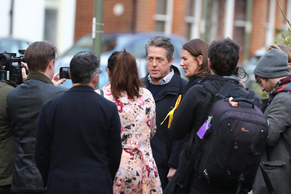 Actor Hugh Grant canvassing in Walton -on-Thames in the Esher & Walton constituency with Liberal Democrat candidate Monica Harding.