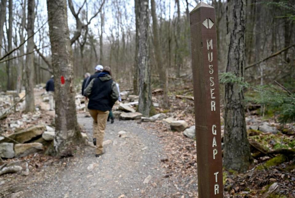 A group including DCNR secretary Cindy Adams Dunn hike Thursday along a new portion of the Musser Gap Trail. An additional 53 miles of sustainable trails will be built in Rothrock State Forest.
