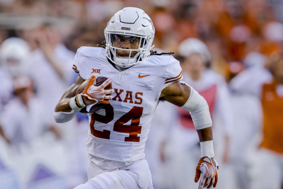 Texas running back Jonathon Brooks runs for a touchdown against Baylor during the first half of an NCAA college football game Saturday, Sept. 23, 2023, in Waco, Texas. (AP Photo/Gareth Patterson)