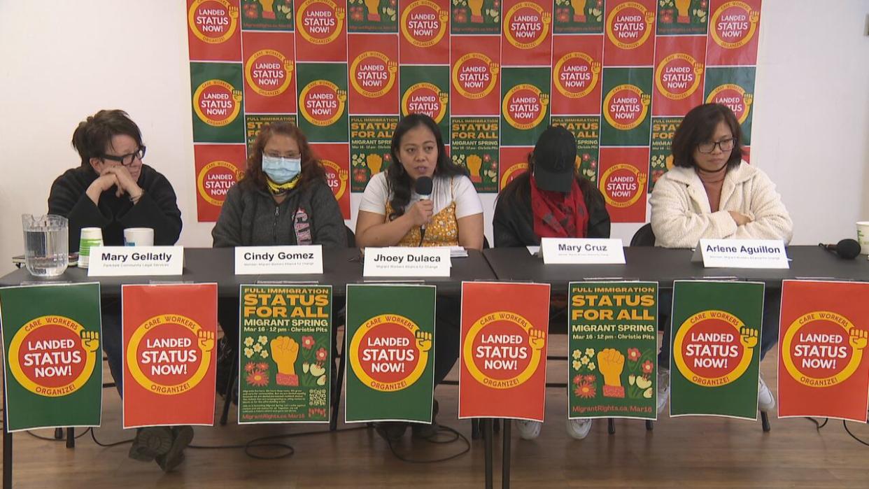 The Migrant Workers Alliance for Change, an advocacy group, organized a panel of speakers on Friday to draw attention to two five-year caregiver pilot programs, the Home Child Care Provider Pilot and Home Support Worker Pilot, that are set to expire on June 17.  (CBC - image credit)