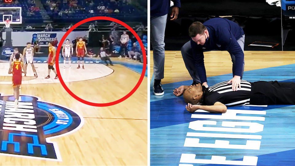 Veteran college referee Bert Smith (pictured left) falling back and (pictured right) lying on the floor as players and fans help him.