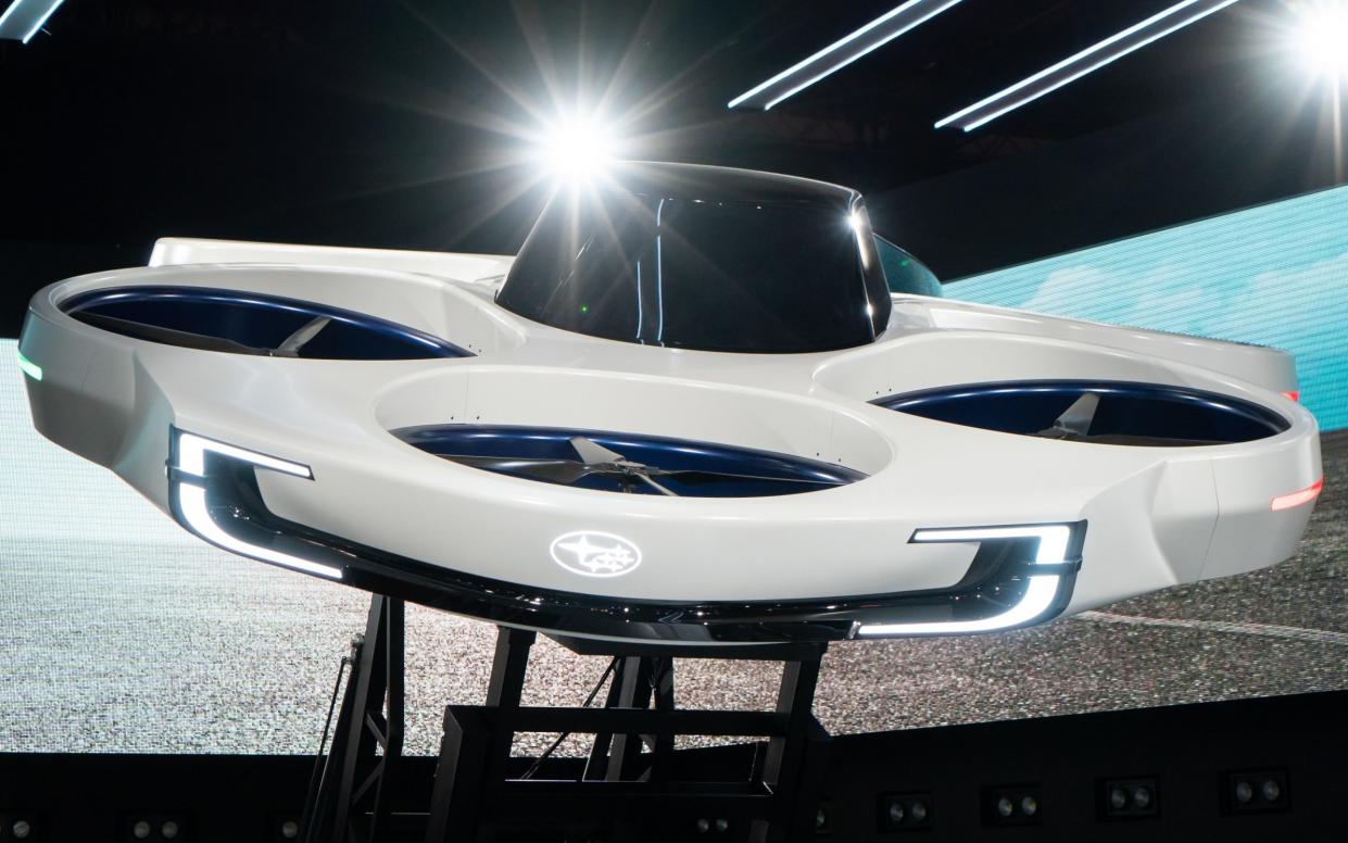 The Subaru Air Mobility Concept electric vertical take-off and landing (eVTOL) aircraft is on display at the Japan Mobility Show in Tokyo