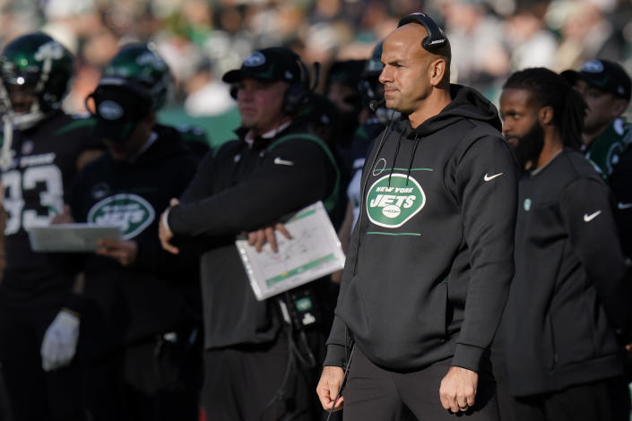 New York Jets head coach Robert Saleh works the sidelines during the first half of an NFL football game against the Philadelphia Eagles, Sunday, Dec. 5, 2021, in East Rutherford, N.J. (AP Photo/Seth Wenig)