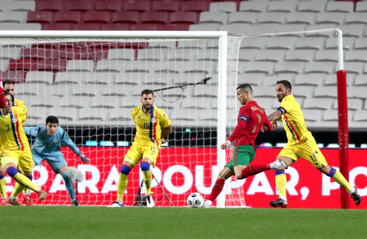 (201112) -- LISBON, Nov. 11, 2020 (Xinhua) -- Cristiano Ronaldo (2nd R) of Portugal shoots during a friendly football match at the Luz stadium in Lisbon, Portugal, on Nov. 11, 2020. (Photo by Pedro Fiuza/Xinhua) (Xinhua/Pedro Fiuza via Getty Images)