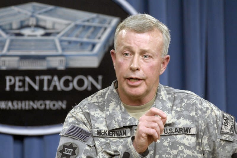 U.S. Army Gen. David McKiernan, commander of International Security Assistance Force and commander of U.S. Forces in Afghanistan, speaks at a press conference at the Pentagon on February 18, 2009. On May 11, 2009, McKiernan was fired and replaced by Lt. Gen. Stanley McChrystal. File Photo by Robert D. Ward/U.S. Army