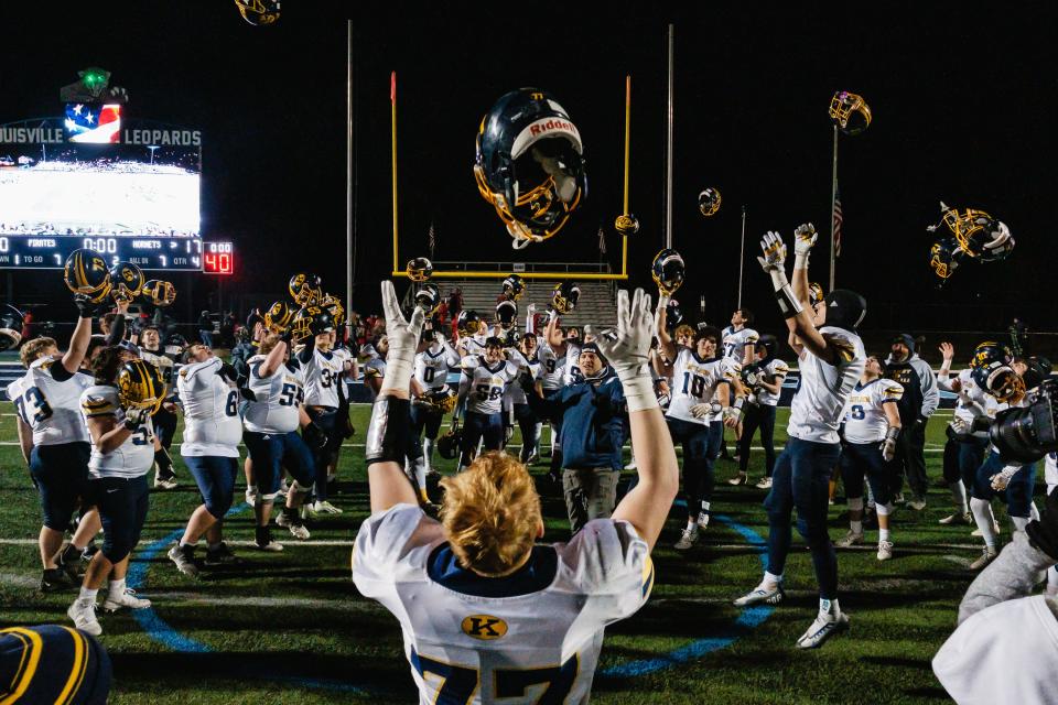 The Kirtland Hornats celebrate their defeat of the Garaway Pirates, 17-0 in the Division VI, Region 23 State Semifinal game, Friday, Nov. 24 at the Louisville Leopards’ Stadium in Louisville, Ohio. This was the first time in program history that Garaway has competed in a State Semifinal game.