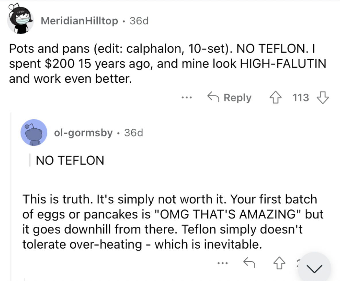 Reddit screenshot about the value of nice pots and pans.