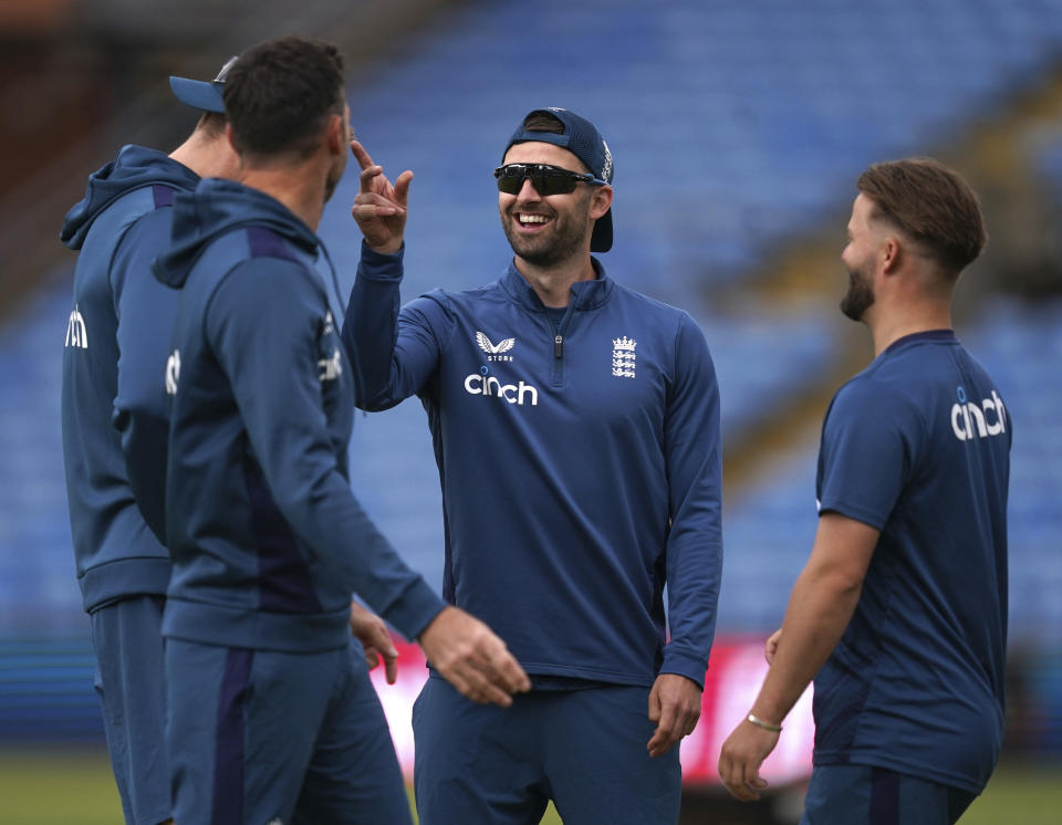 Britain's Mark Wood, center, gestures during a nets session at Headingley, Leeds, England, Wednesday, July 5, 2023. (Martin Rickett/PA via AP)